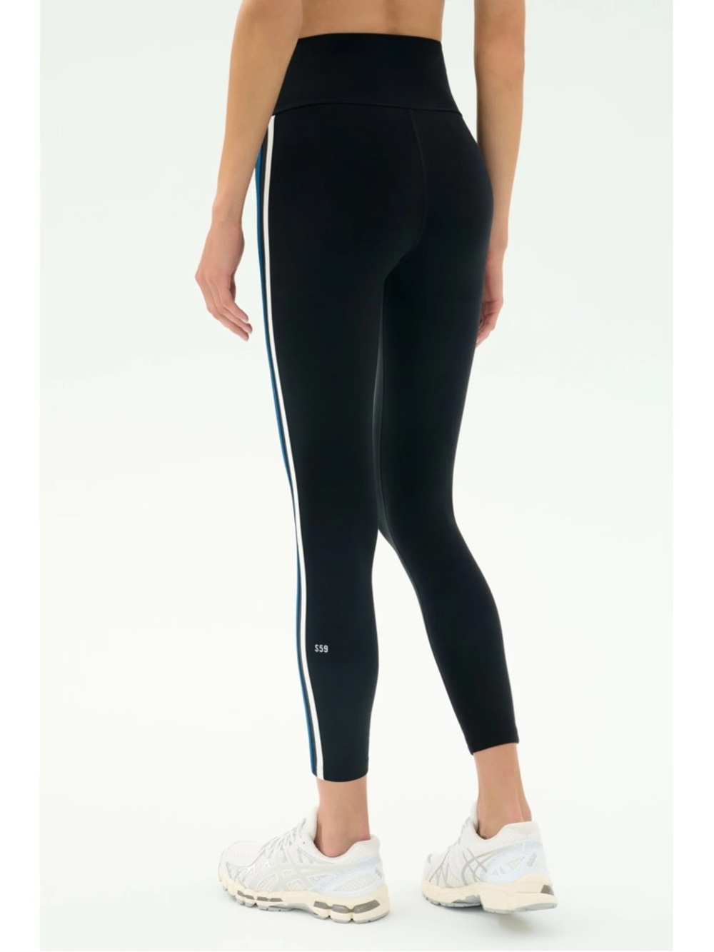 Splits59 Black High-Waist Leggings with White and Blue Side Stripes